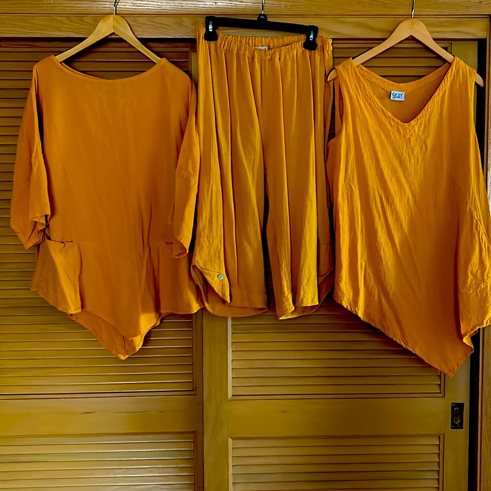 3 pieces of Oh My Gauze in tumeric pants and tank size 2 top one size